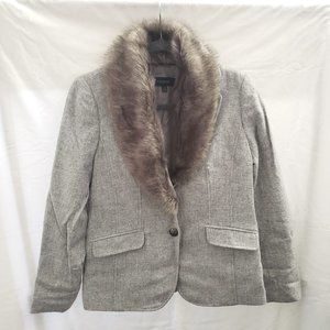 Talbots Size 4 Wool Blend Gray Removable Faux Fur Collar Office Jacket Blazer